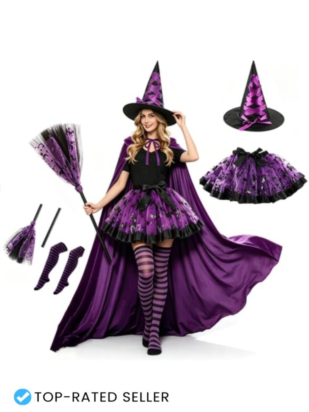 Velvet Hooded Cloak Witch Costume Set Tutu Skirt Socks Hat Broom